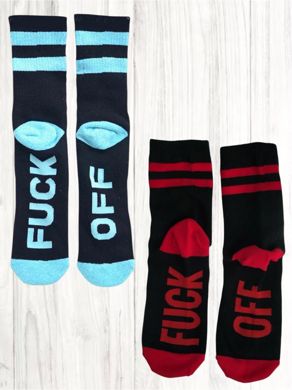 🪷 Set of 2 Bold Black Graphic 'F*ck Off' Crew Socks: Blue & Red